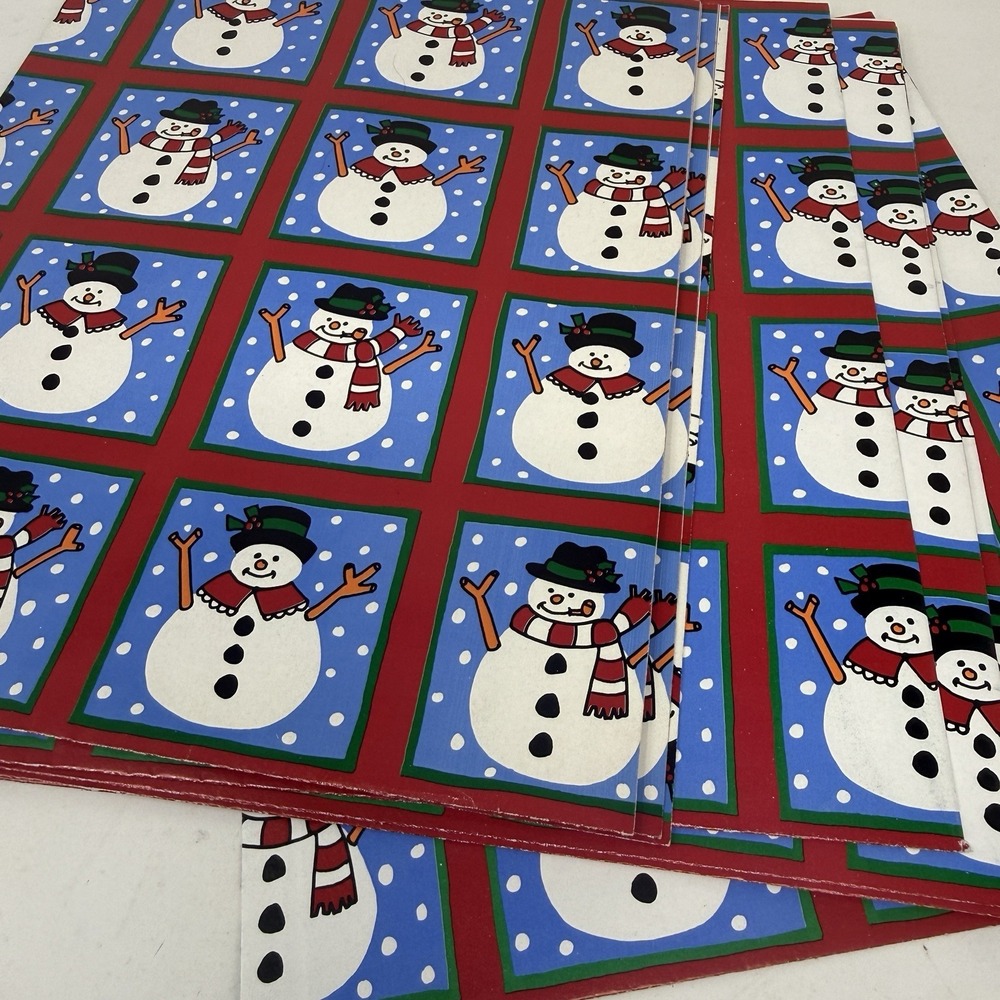 Vintage Christmas Wrapping Paper Gift Wrap 7 Sheets 22" x 35" Snowman Blue Red